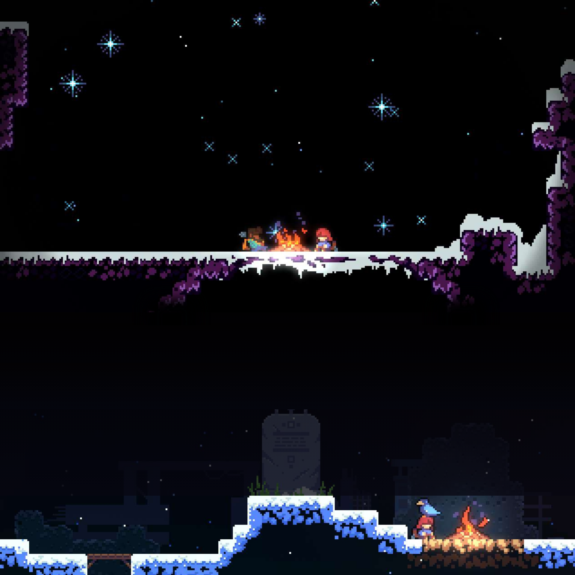 two screenshots of the game Celeste create a background image of a starry sky.